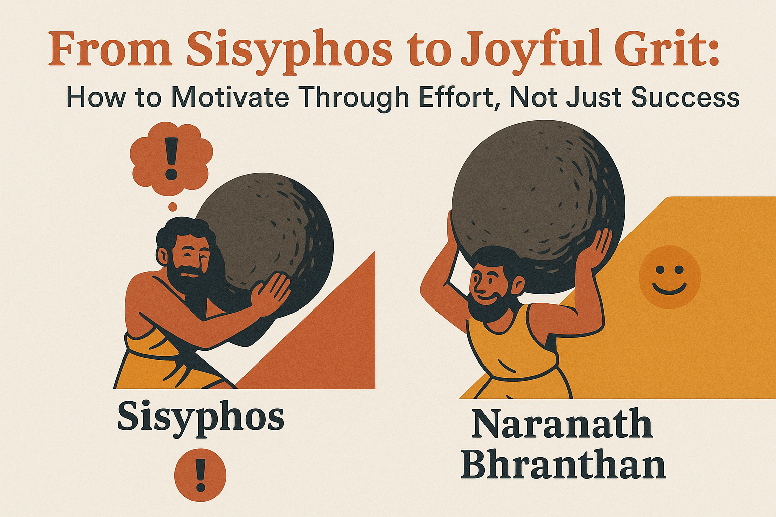 A split-screen digital illustration shows two mythological figures pushing boulders uphill. On the left, Sisyphos appears strained and frustrated, with a thought bubble containing an exclamation mark and angular, steep terrain. On the right, Naranath Bhranthan is smiling as he carries a boulder, surrounded by warm tones and a happy face icon. The title above reads: “From Sisyphos to Joyful Grit: How to Motivate Through Effort, Not Just Success.” The contrasting visuals emphasize differing attitudes toward effort and perseverance.