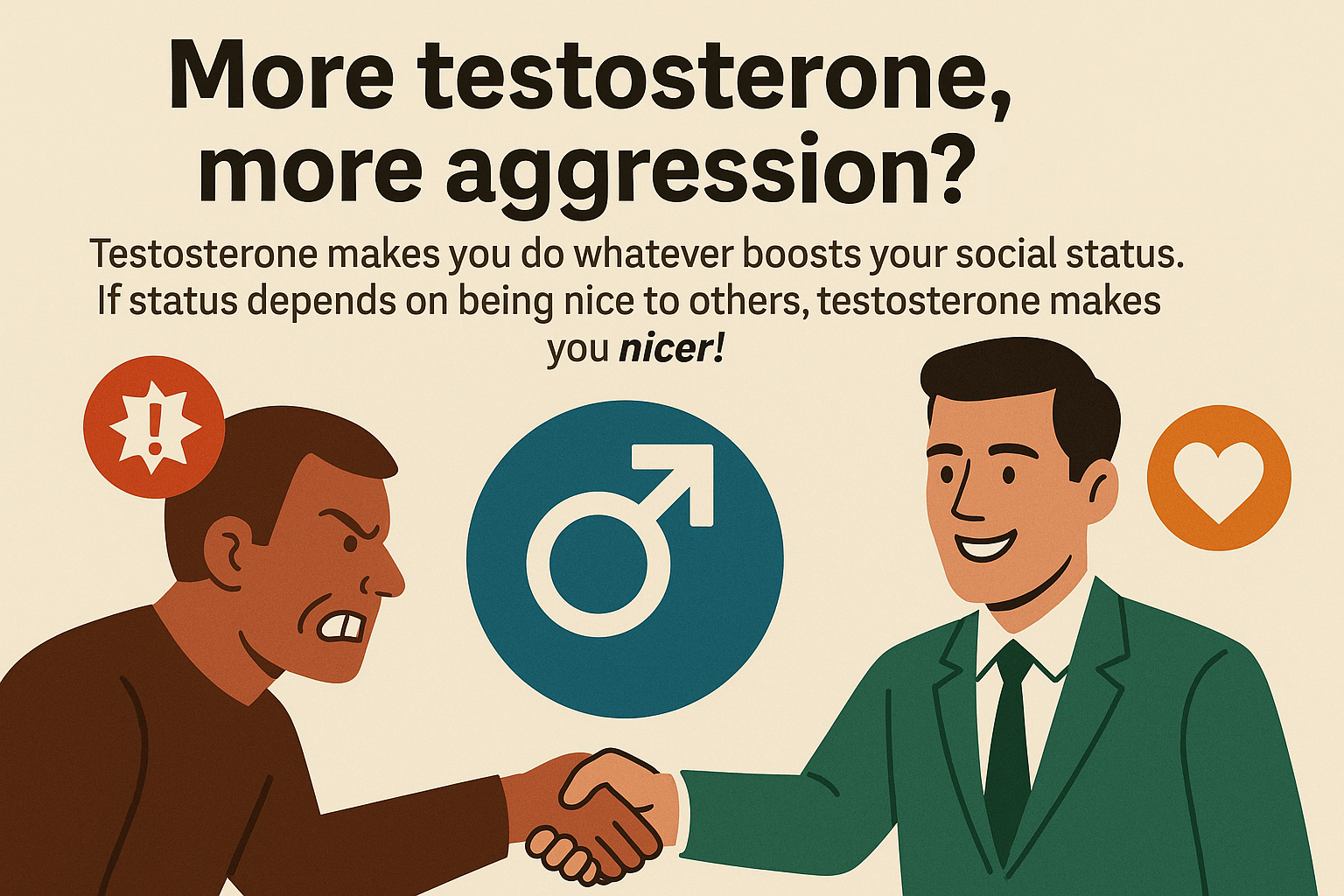 A digital illustration shows two men shaking hands, with contrasting expressions: the man on the left looks angry, while the man on the right is smiling. Between them is a large blue testosterone symbol. Above them, bold text reads, "More testosterone, more aggression?" Below, it says, "Testosterone makes you do whatever boosts your social status. If status depends on being nice to others, testosterone makes you nicer!" Icons next to each man emphasize their behavior—a red exclamation symbol for aggression and an orange heart for kindness. The overall style is bold, flat, and graphic, using simplified shapes and warm colors.