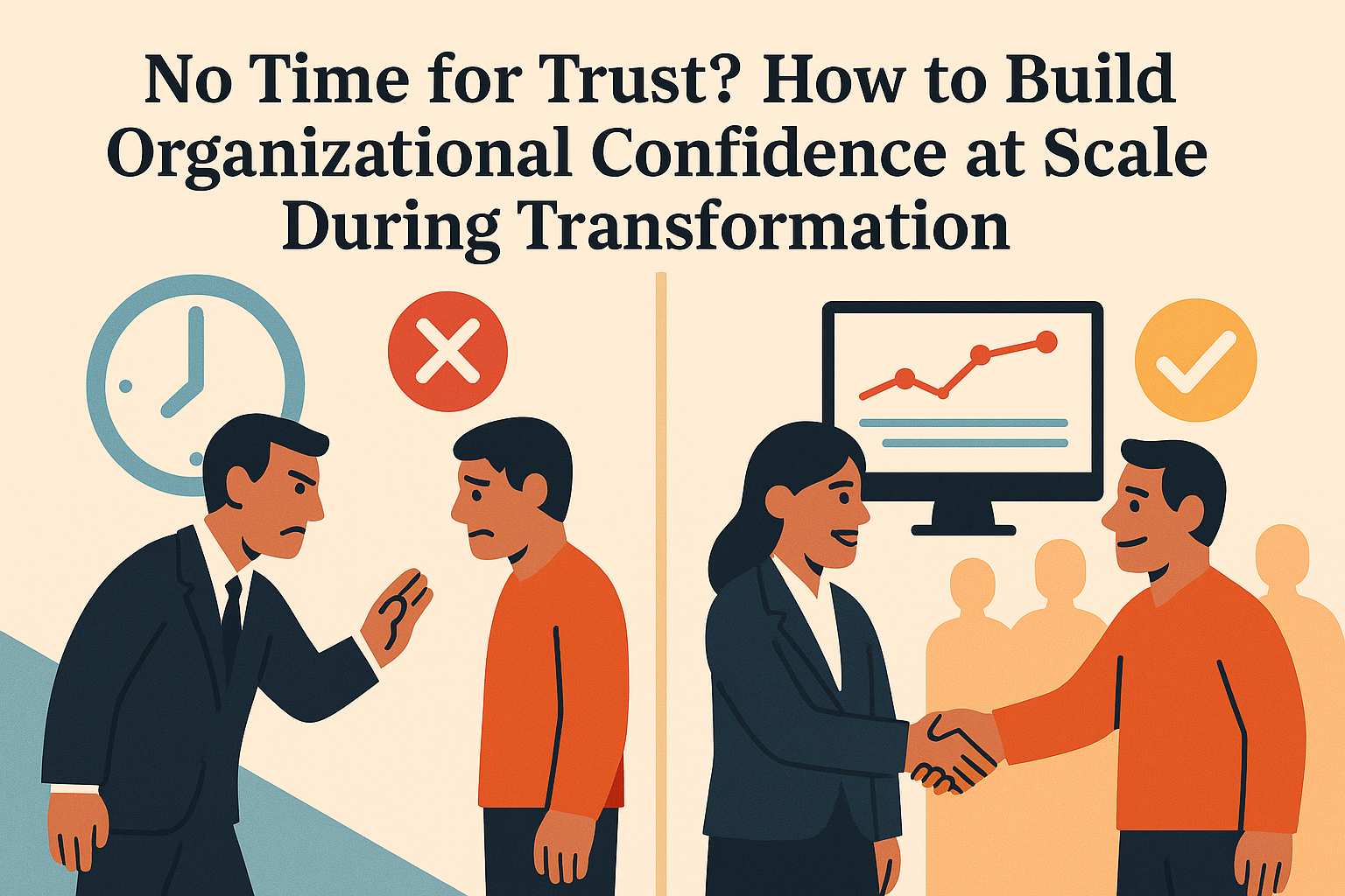 A split-screen digital illustration contrasts two workplace dynamics during organizational transformation. On the left, under a large clock and a red “X,” a stern manager points at a concerned employee, symbolizing mistrust and time pressure. On the right, under a green checkmark and a screen displaying rising performance data, a female manager smiles and shakes hands with a confident employee, representing mutual trust and transparency. The headline above reads: “No Time for Trust? How to Build Organizational Confidence at Scale During Transformation.” The visual emphasizes the contrast between exclusion and inclusive, data-driven trust-building.